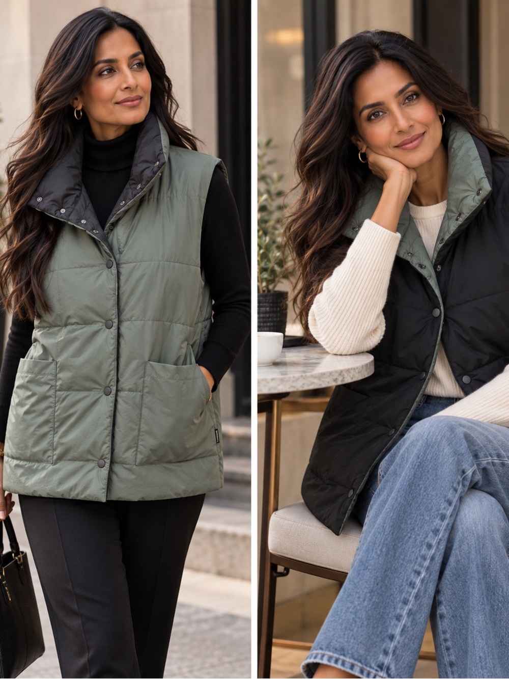 Tentree Reversible Women's Quilted Puffer Vest - Black and Forest Greem